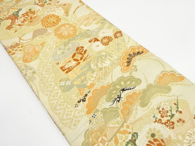 JAPANESE KIMONO / ANTIQUE MARU OBI / WOVEN SHOCHIKUBAI & BUCKET